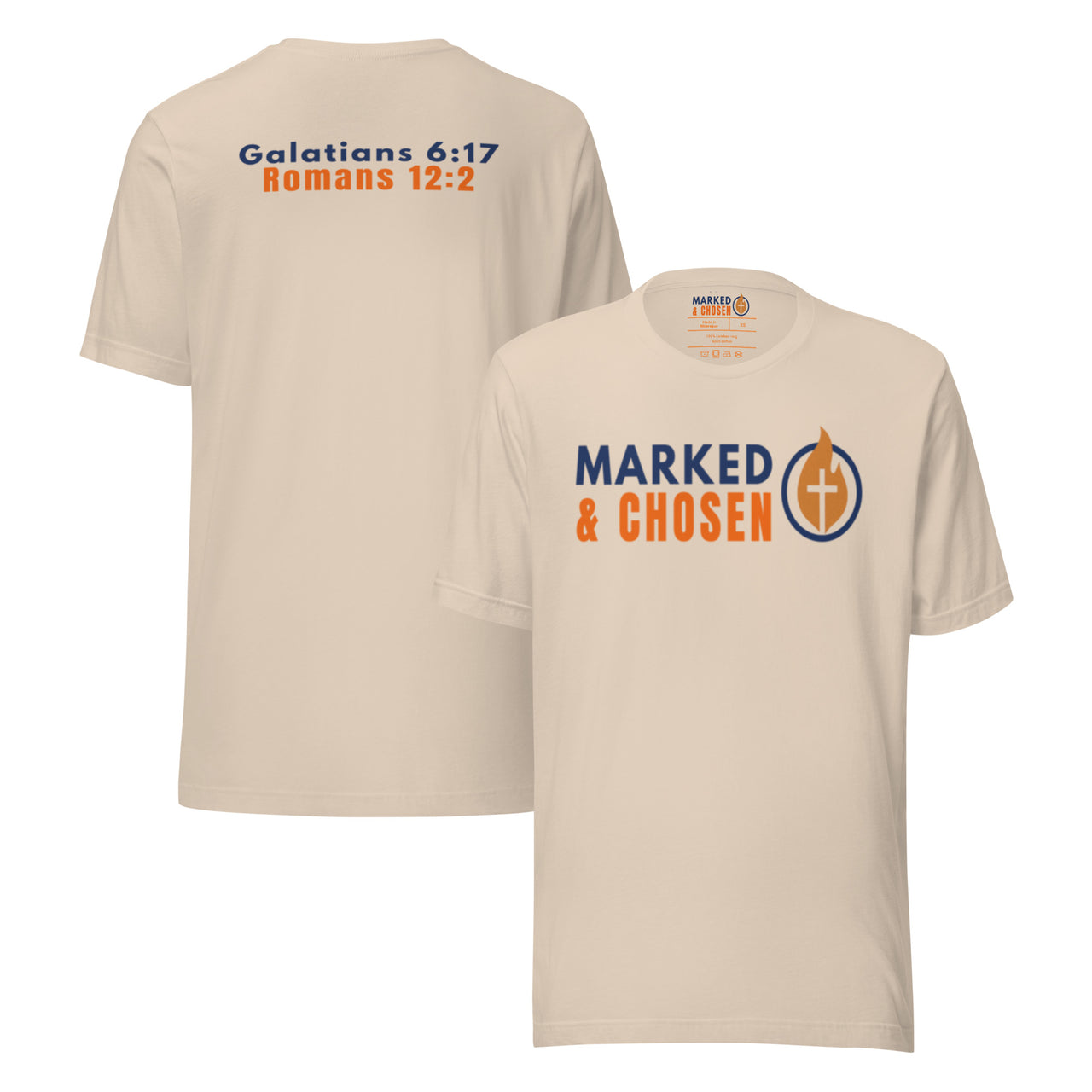 Cream Marked & Chosen t-shirt – Christian logo front and scripture back on soft cotton