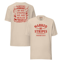 Soft cream Christian t-shirt – front red Marked by Stripes print with back scripture design