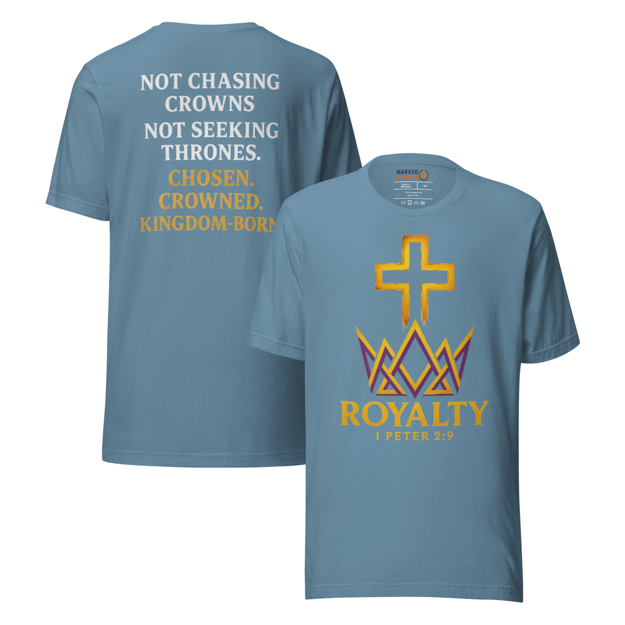 Steel blue gospel shirt – front Kingdom graphic and red word stack on the back for Christian royalty