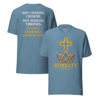 Steel blue gospel shirt – front Kingdom graphic and red word stack on the back for Christian royalty