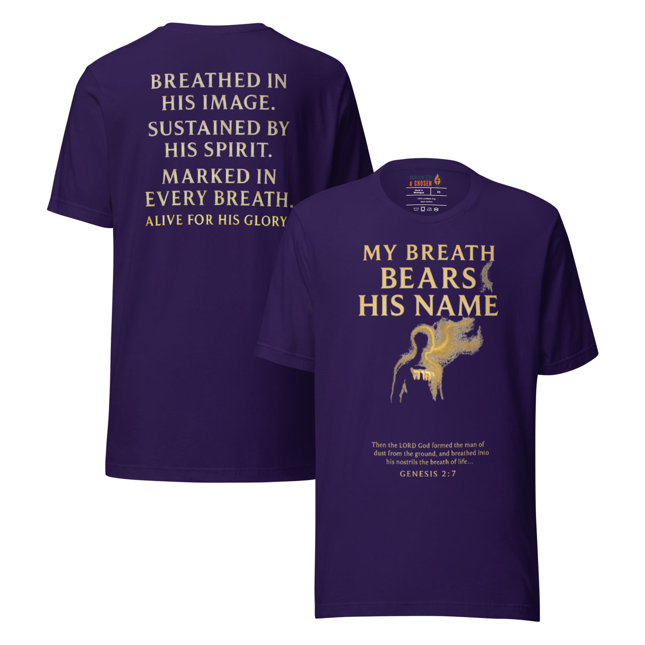 My Breath Bears His Name T-Shirt Team Purple flat lay mockup showing front and back design
