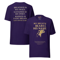 My Breath Bears His Name T-Shirt Team Purple flat lay mockup showing front and back design