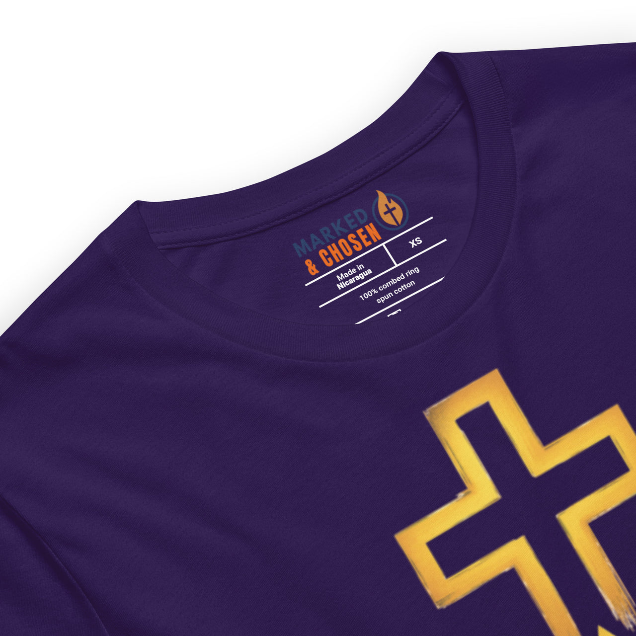Team purple Christian tee – tagless inner print declaring Marked and Chosen