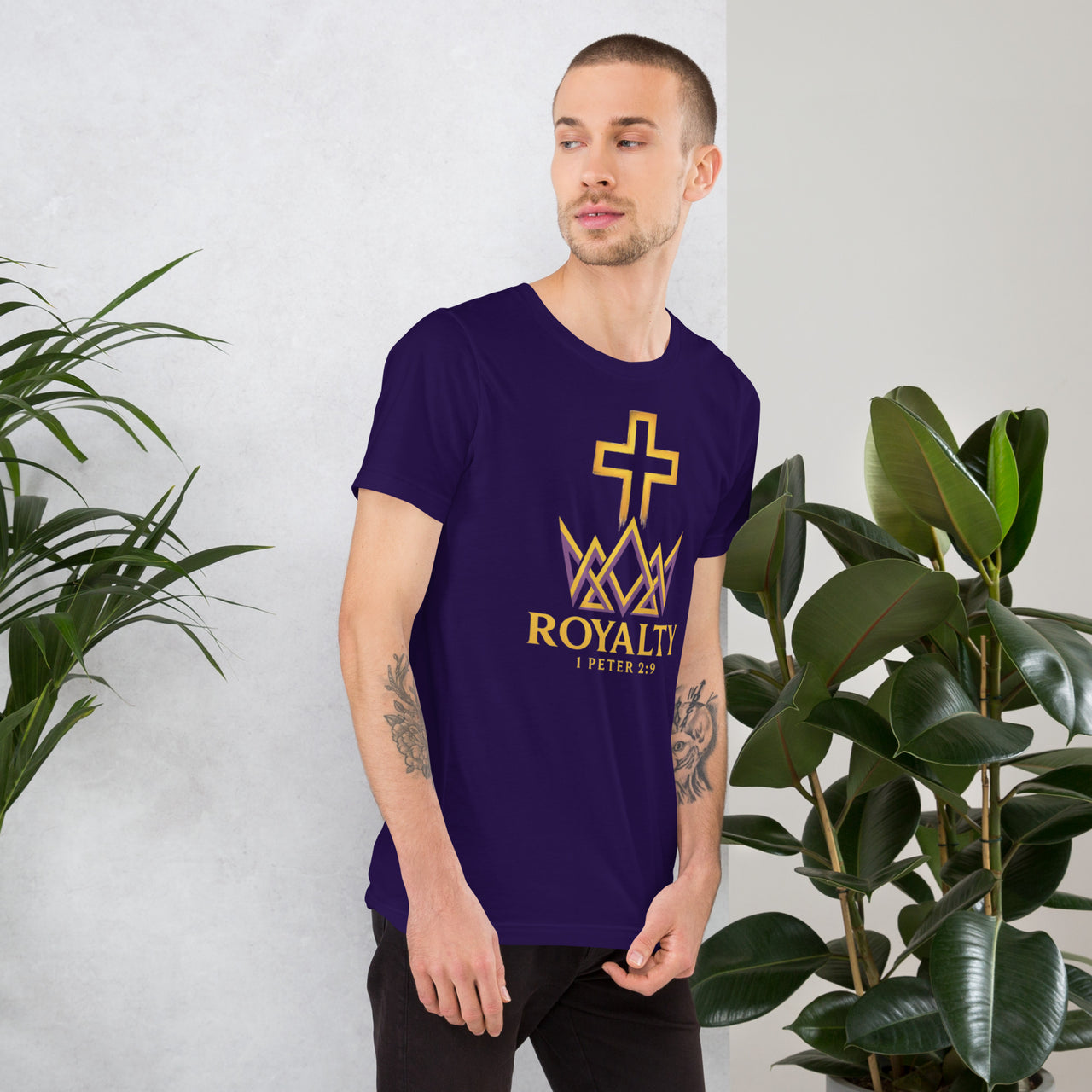 Man wearing team purple Royalty t-shirt – bold front design declaring chosen identity