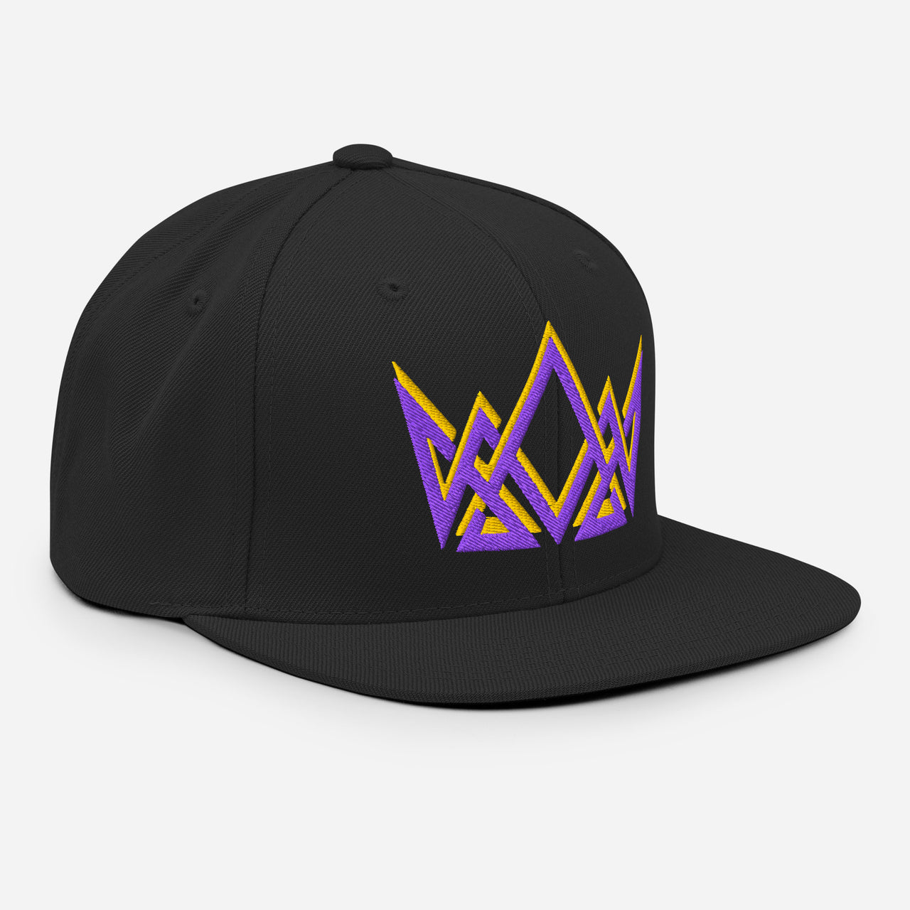 Black snapback hat – angled front embroidery with Kingdom crown in royal purple and gold