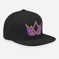 Black snapback hat – angled front embroidery with Kingdom crown in royal purple and gold