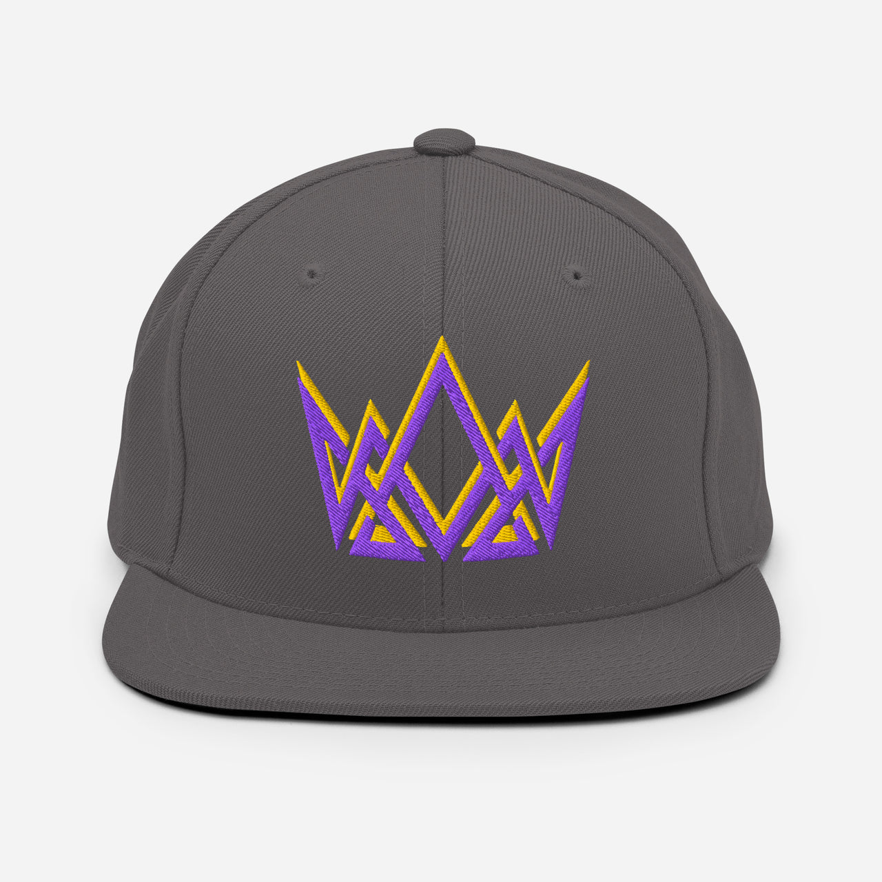 Dark grey Royalty snapback – geometric crown embroidered in gold and purple