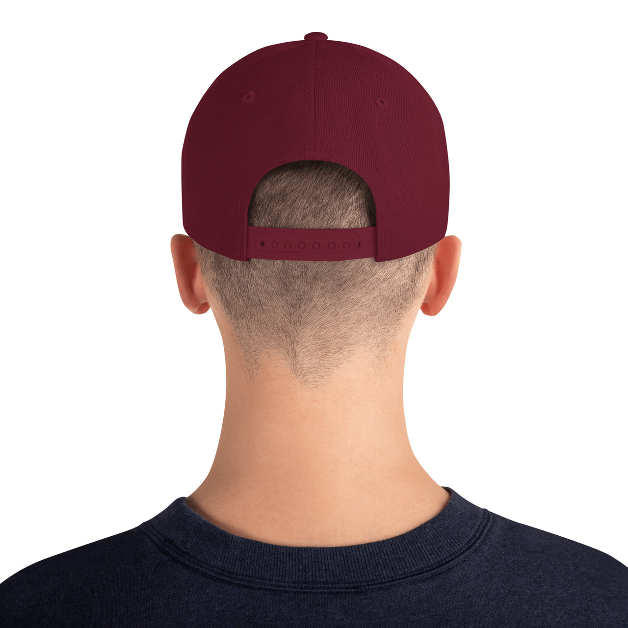 Man in Maroon Royalty snapback hat – plastic snapback closure and clean back panel