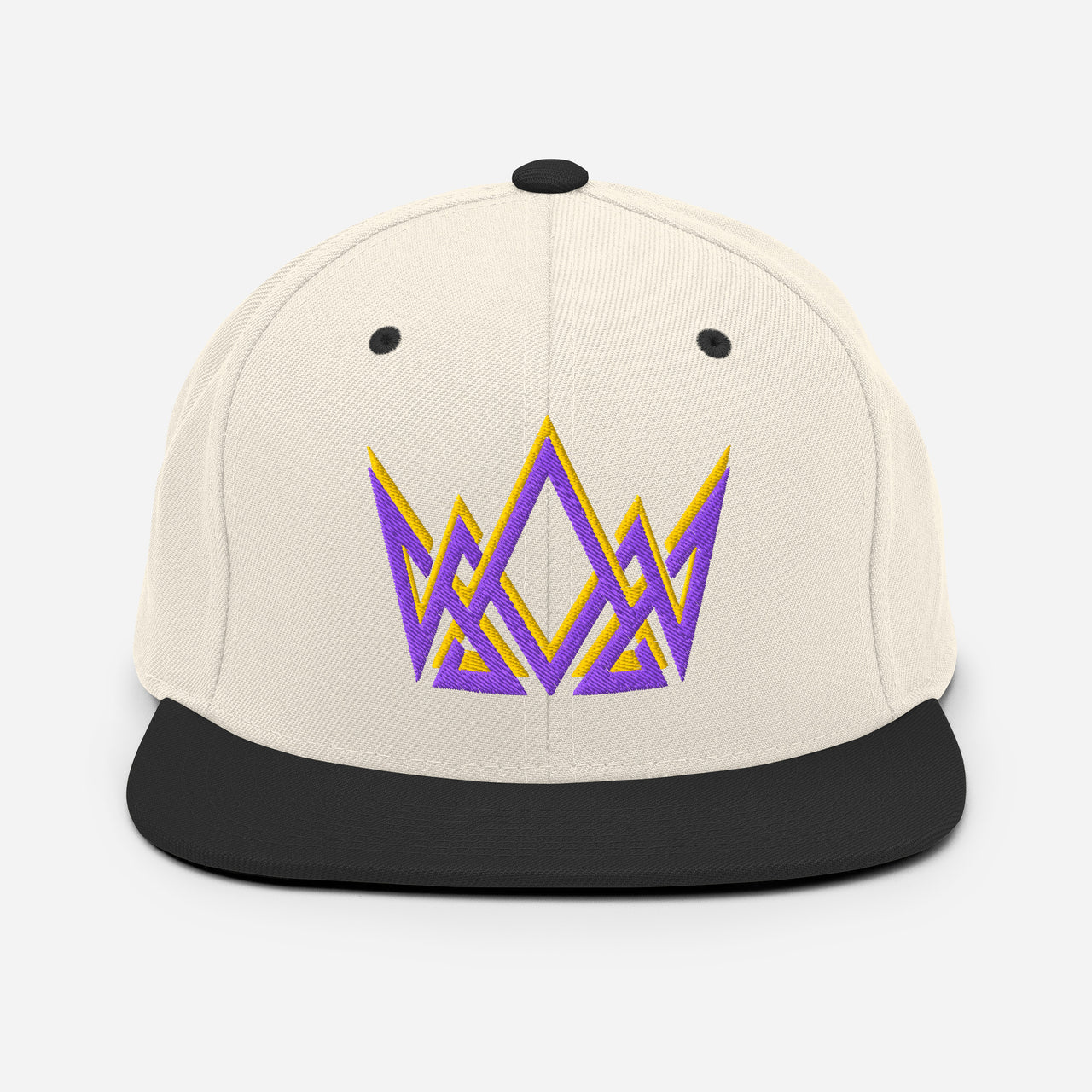 Natural and black Royalty snapback – two-tone cap with embroidered gold and purple crown