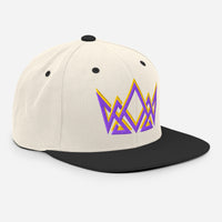 Natural/black Christian snapback – angled crown embroidery view with royal colors