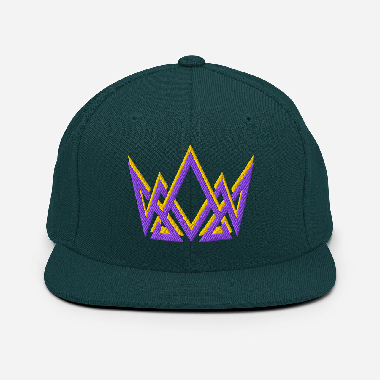 Spruce green Royalty snapback – bold embroidered crown design in purple and gold