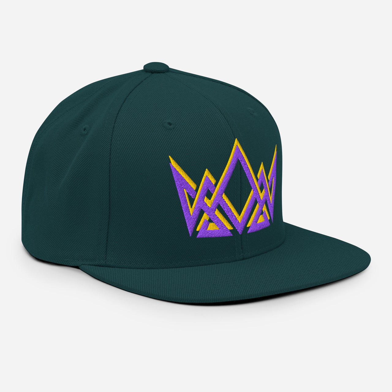 Spruce Christian snapback – angled embroidery view showing geometric crown