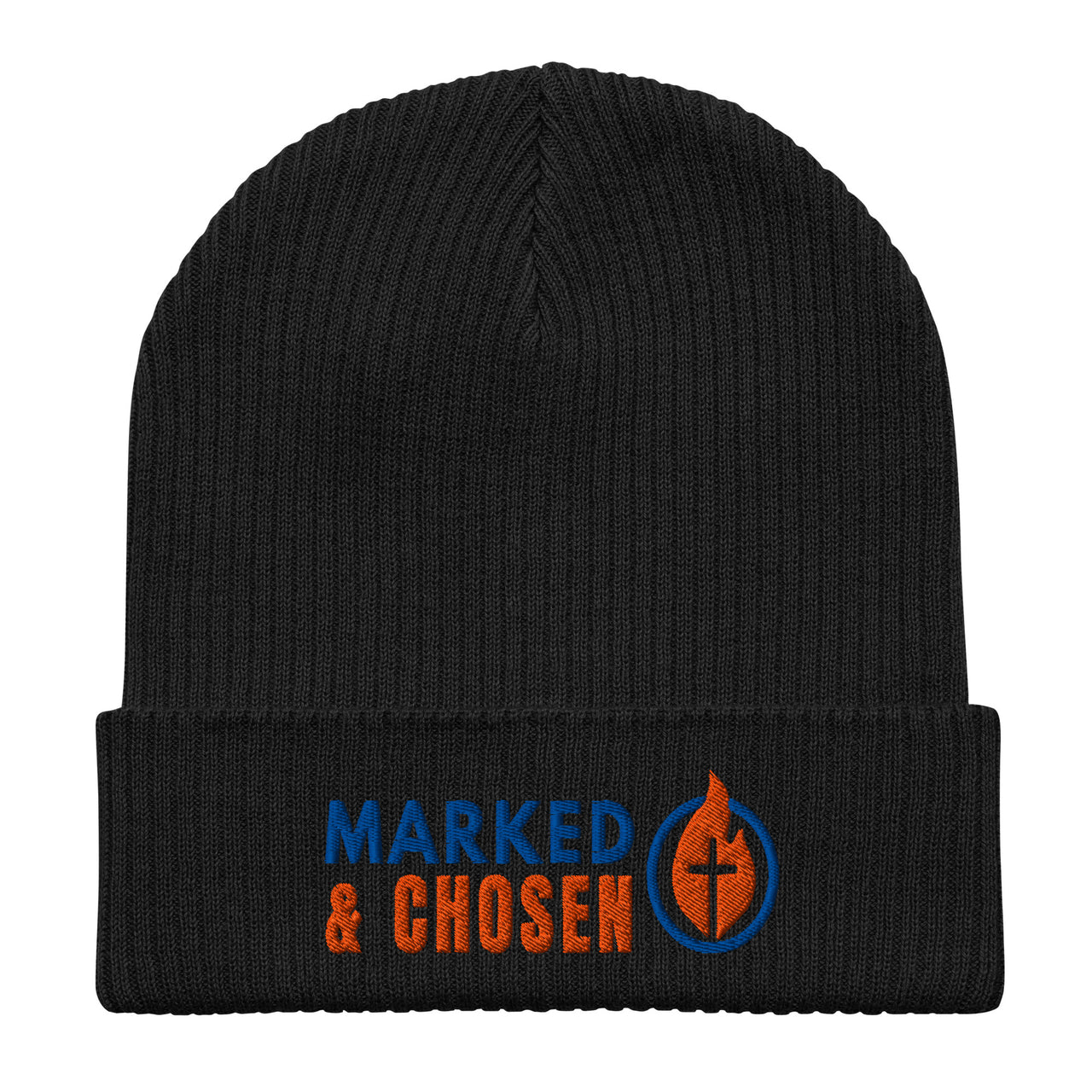 Marked & Chosen black embroidered beanie – organic Christian headwear with bold logo and ribbed cuff