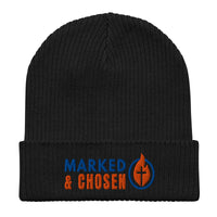 Marked & Chosen black embroidered beanie – organic Christian headwear with bold logo and ribbed cuff