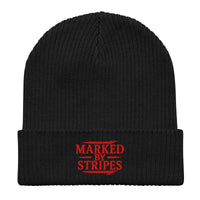 Marked by Stripes black Christian beanie – red embroidered cuffed design in organic cotton
