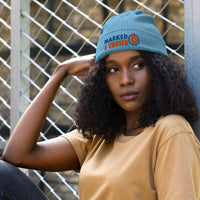Marked & Chosen light blue ribbed beanie front female model – breathable Christian apparel made with organic cotton