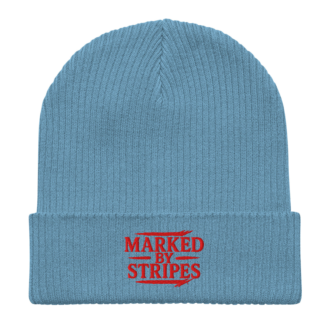 Light blue Christian beanie – red embroidered front logo on soft organic cotton ribbed design