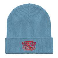 Light blue Christian beanie – red embroidered front logo on soft organic cotton ribbed design