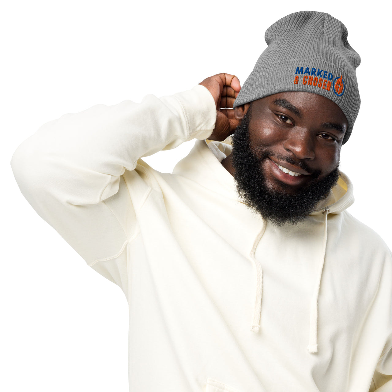Marked & Chosen light gray beanie front male model – minimalist Christian winter hat with ribbed cuff and stitched logo