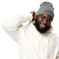 Marked & Chosen light gray beanie front male model – minimalist Christian winter hat with ribbed cuff and stitched logo