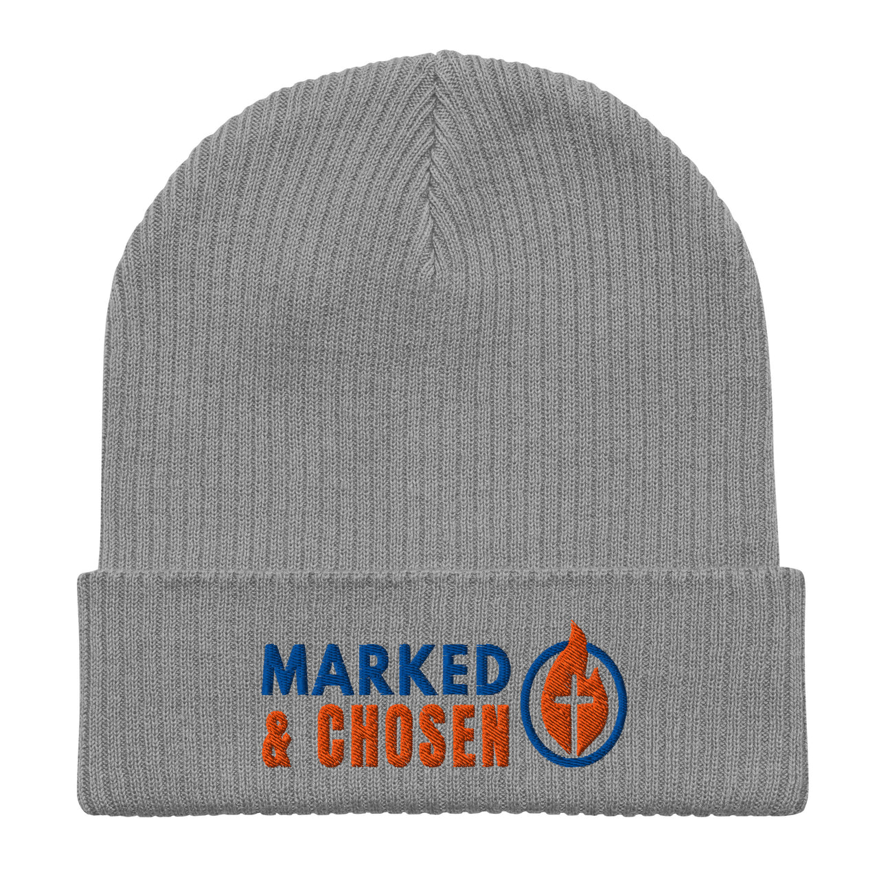 Marked & Chosen light gray beanie – minimalist Christian winter hat with ribbed cuff and stitched logo