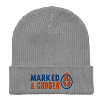 Marked & Chosen light gray beanie – minimalist Christian winter hat with ribbed cuff and stitched logo