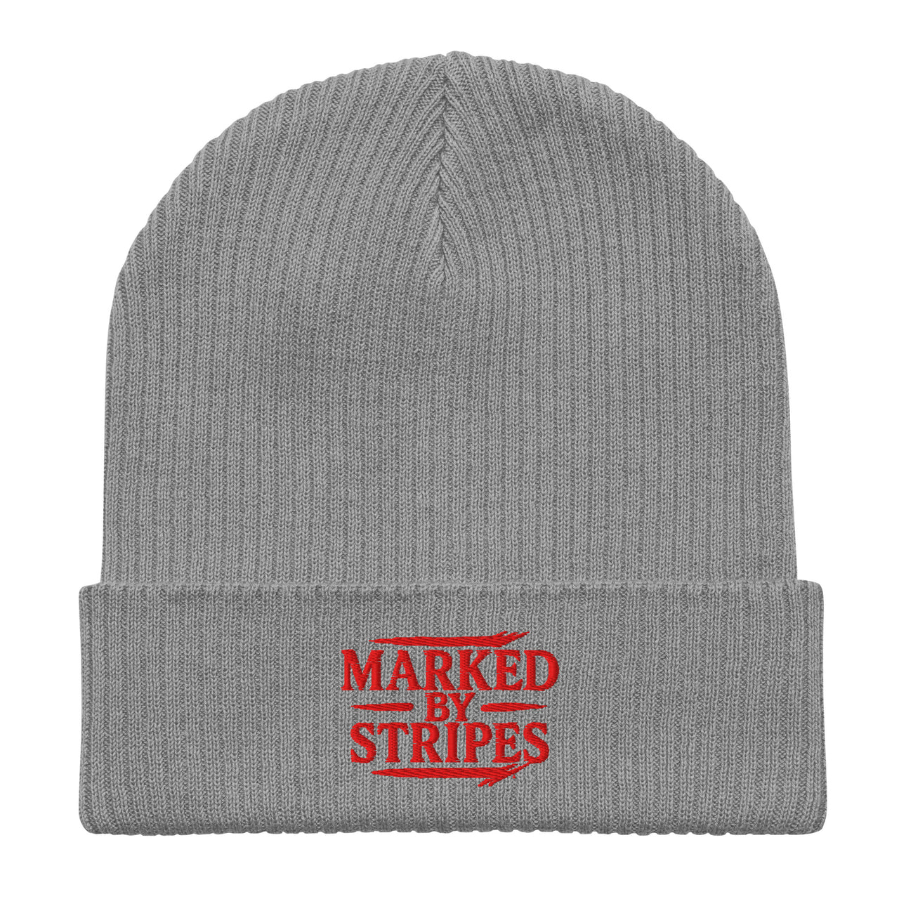 Light grey Christian ribbed beanie – red embroidered cuff design inspired by Isaiah 53:5