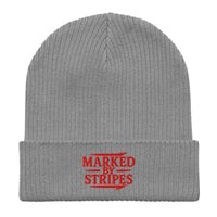 Light grey Christian ribbed beanie – red embroidered cuff design inspired by Isaiah 53:5