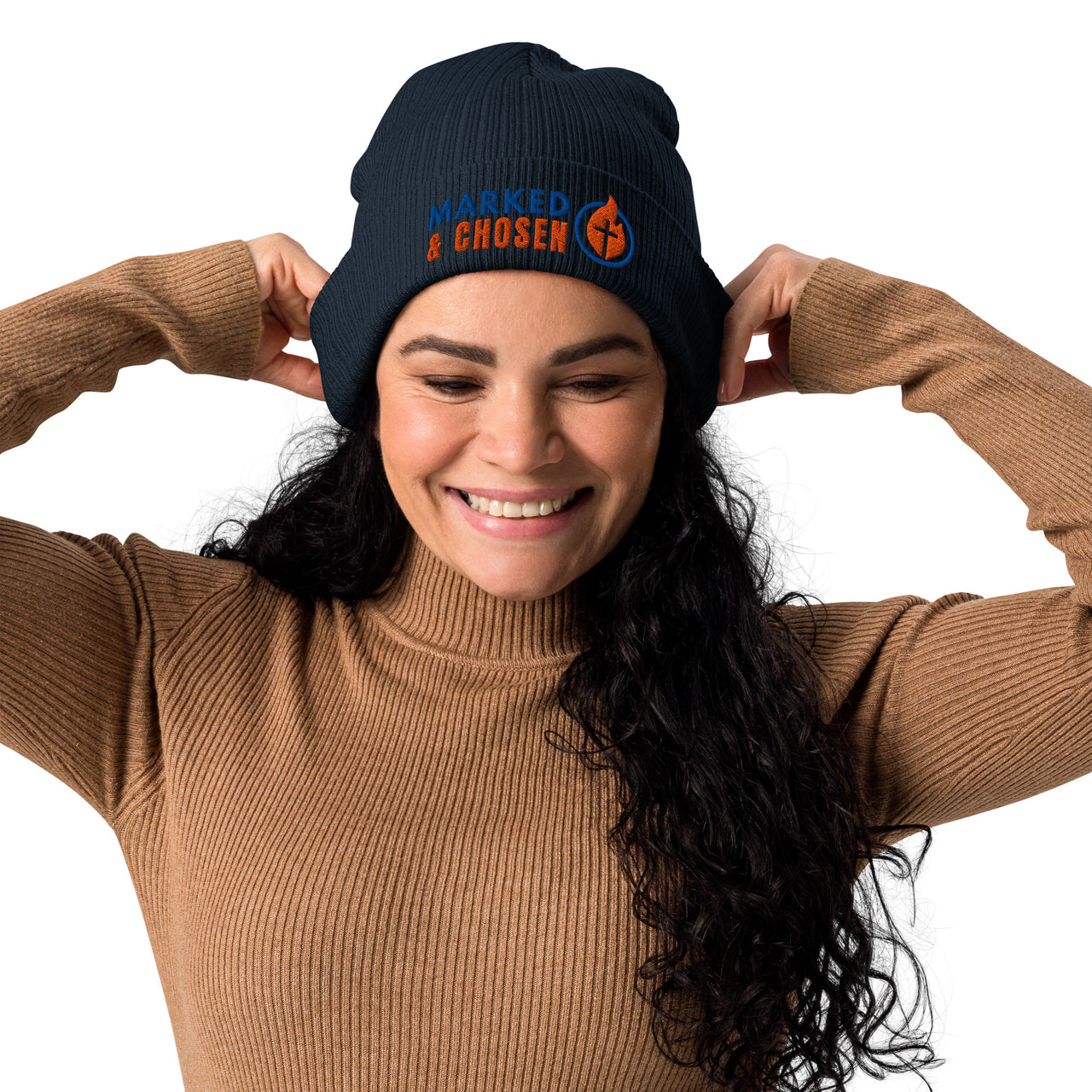 Marked & Chosen navy blue beanie front female model – soft organic cotton Christian hat with front embroidery for the faithful