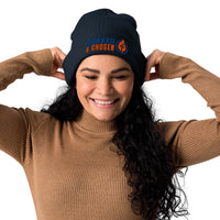 Marked & Chosen navy blue beanie front female model – soft organic cotton Christian hat with front embroidery for the faithful