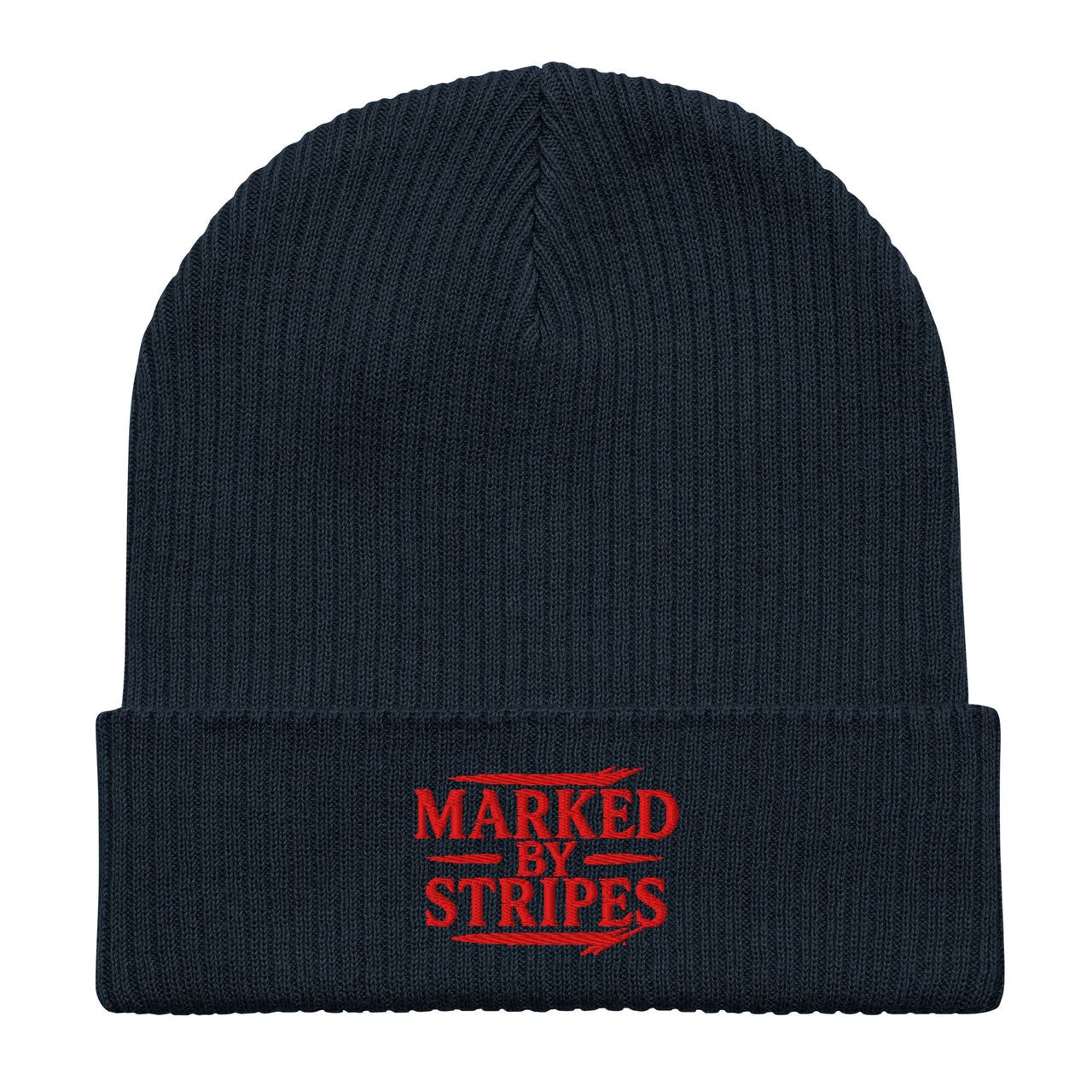 Navy Christian beanie – red embroidered Marked by Stripes logo on organic cuffed ribbed hat