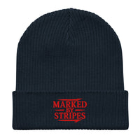 Navy Christian beanie – red embroidered Marked by Stripes logo on organic cuffed ribbed hat