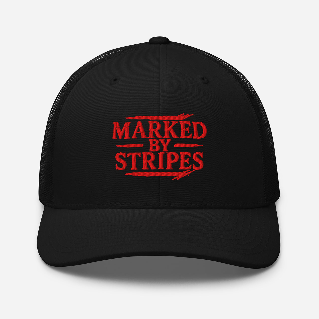 Marked by Stripes black trucker hat – red embroidered Christian front design