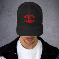 Man wearing black Marked by Stripes snapback – bold gospel embroidery and mesh cap design