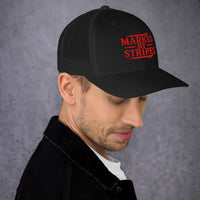 Man wearing black Marked by Stripes snapback to the side – bold gospel embroidery and mesh cap design