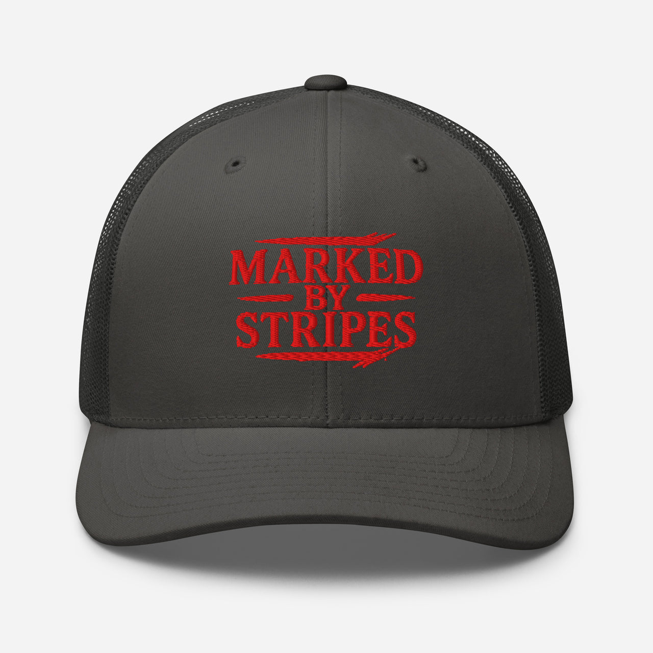 Charcoal Christian trucker cap – red Marked by Stripes front design