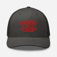 Charcoal Christian trucker cap – red Marked by Stripes front design