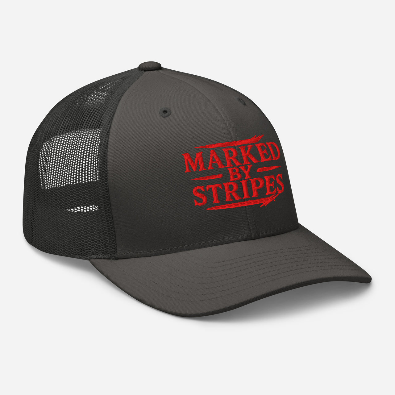 Charcoal and black Christian cap – red embroidery seen from front right angle