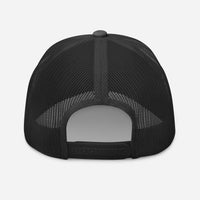 Dark heather grey trucker hat – red embroidered Marked by Stripes  with mesh back