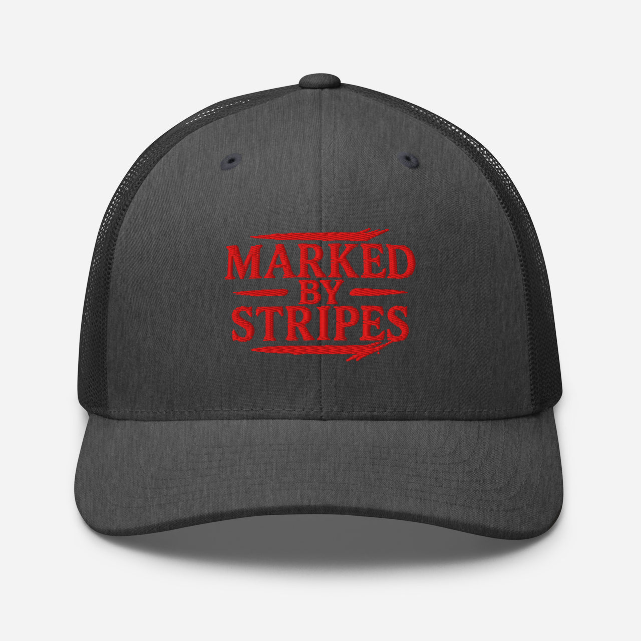 Dark heather grey trucker hat – red embroidered Marked by Stripes front panel