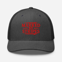 Dark heather grey trucker hat – red embroidered Marked by Stripes front panel