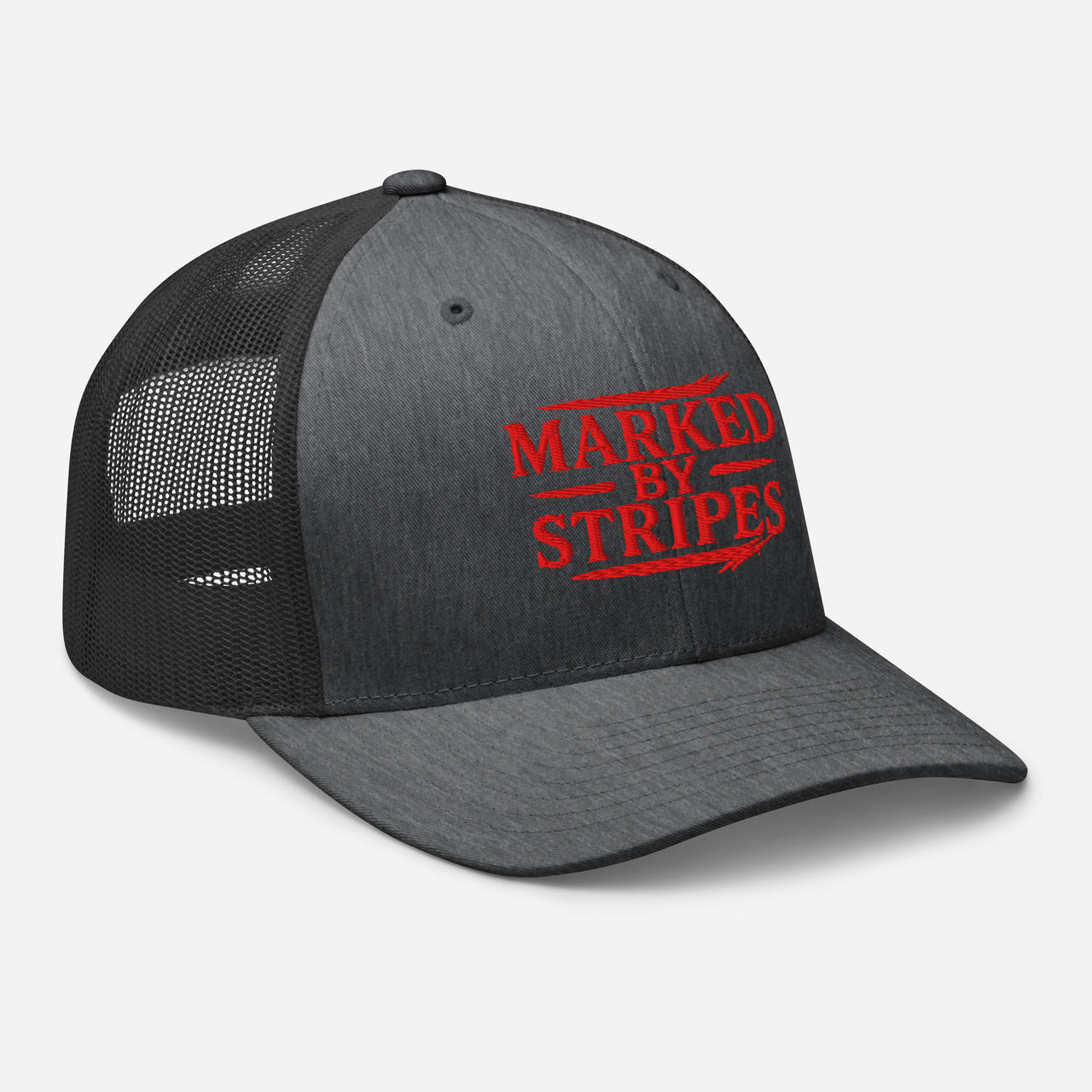 Dark heather Christian trucker hat – front right embroidery view with bold gospel detail