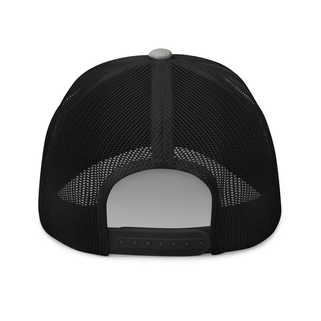 back of Heather gray and black Christian trucker hat showing snapback Enclosure
