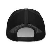 back of Heather gray and black Christian trucker hat showing snapback Enclosure
