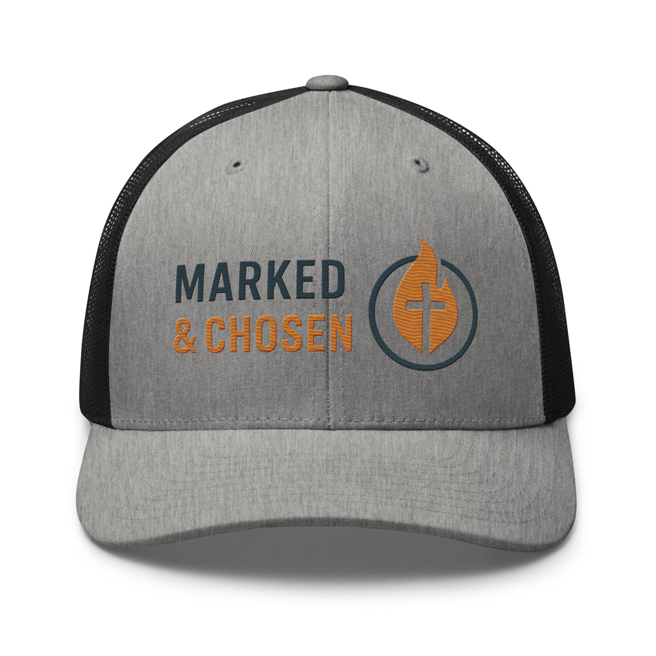 Heather gray and black Christian trucker hat with bold Marked & Chosen flame design