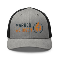 Heather gray and black Christian trucker hat with bold Marked & Chosen flame design