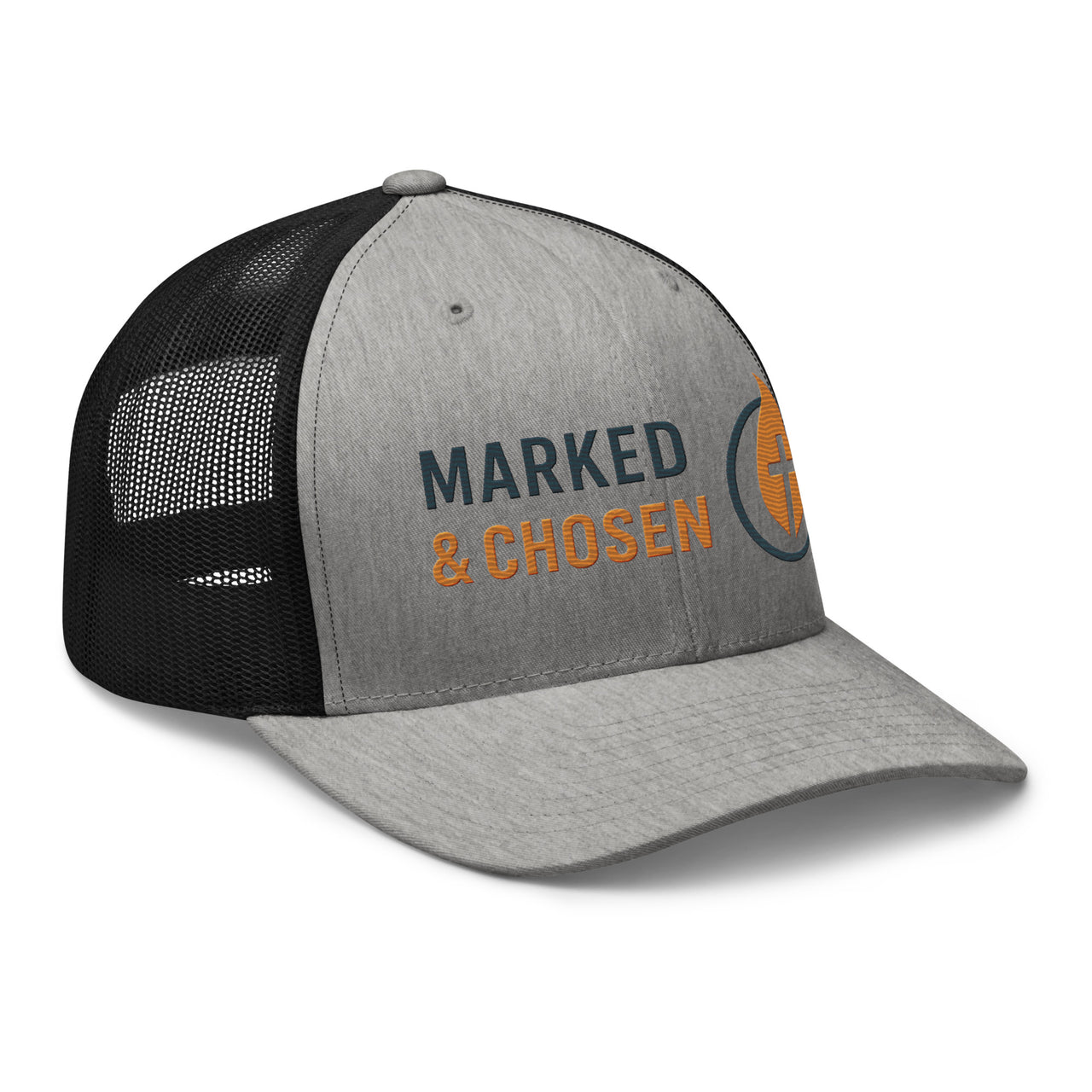Heather gray and black Christian trucker hat with bold Marked & Chosen flame design