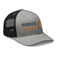 Heather gray and black Christian trucker hat with bold Marked & Chosen flame design