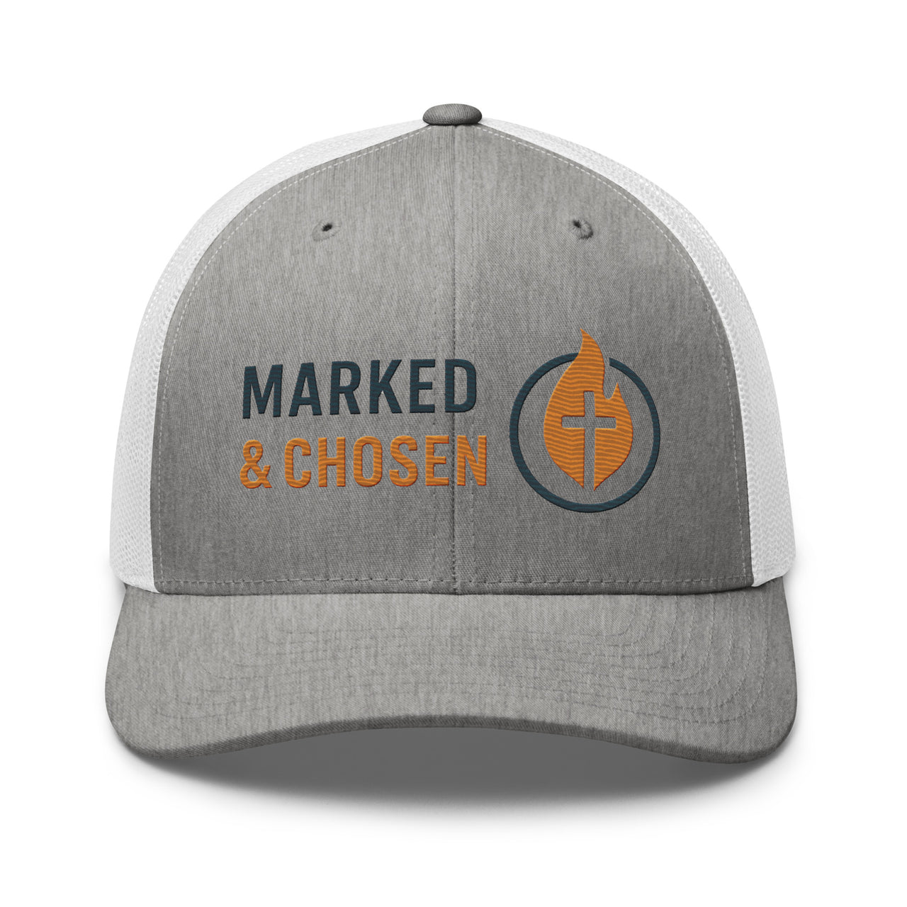 Silver and white trucker hat with Marked & Chosen flame emblem – Christian apparel