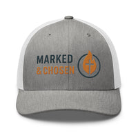 Silver and white trucker hat with Marked & Chosen flame emblem – Christian apparel
